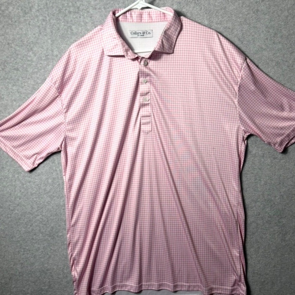 Collars & Co Mens 2XL Collar Polo Pink White Gingham Check Performance Shirt